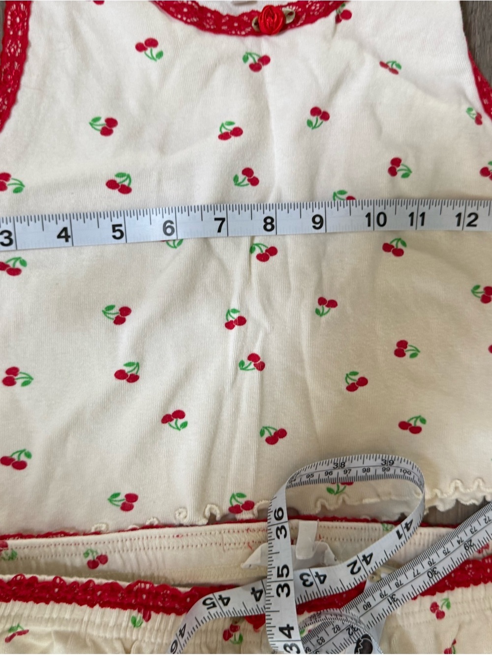 Cream and Red Cherry Print Crop Tank Pajama Top - Picture 4 of 8